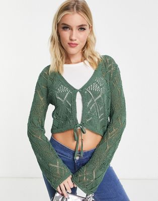 Pull&Bear long sleeve cropped open knitted cardigan in green