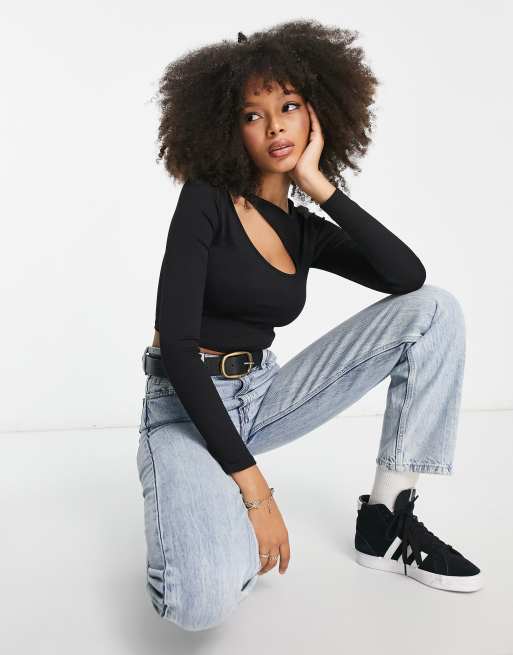 Pull&Bear long sleeve cropped top in black | ASOS