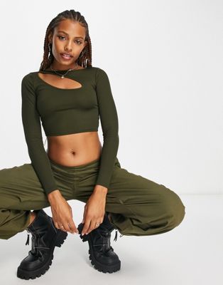 Pull&Bear long sleeve cropped top in khaki - ASOS Price Checker