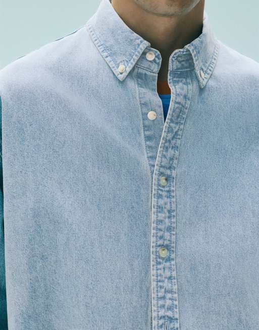 Pull&Bear Long sleeve denim shirt in blue, 3 of 7