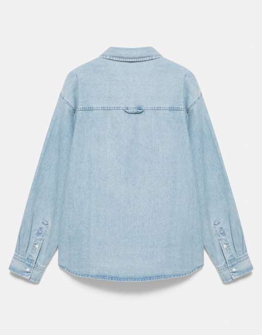 Pull&Bear Long sleeve denim shirt in blue, 7 of 7
