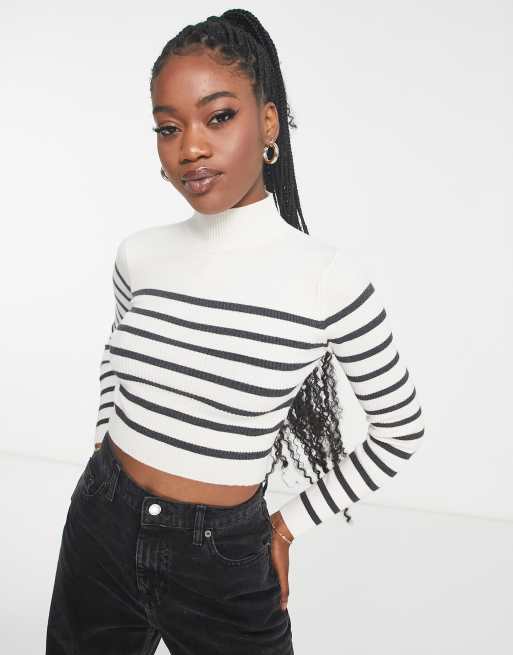 Pull&Bear long sleeve funnel neck sweater in ecru stripe