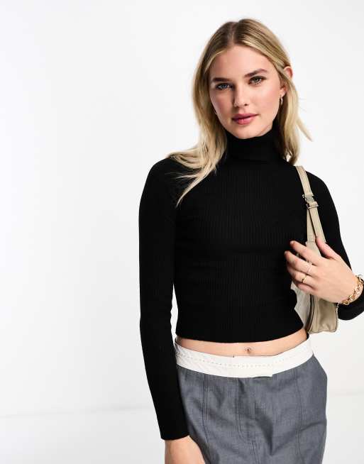 Pull&Bear long sleeve knit polo neck in black | ASOS