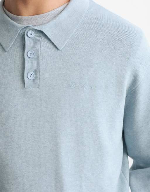 Pull&Bear Long sleeve knit polo shirt in light blue, 3 of 7
