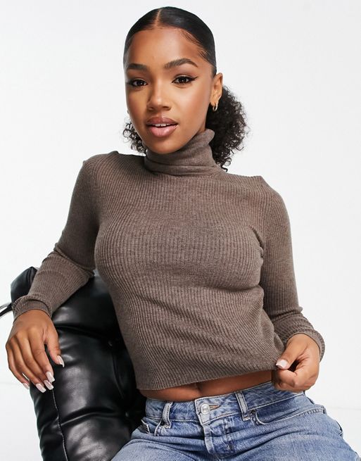 Pull&Bear long sleeve knitted polo neck in brown | ASOS
