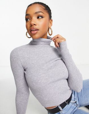 Pull&Bear long sleeve knitted polo neck in grey | ASOS