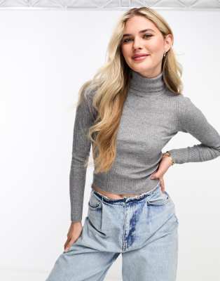 Pull&Bear long sleeve knitted polo neck in grey - ASOS Price Checker