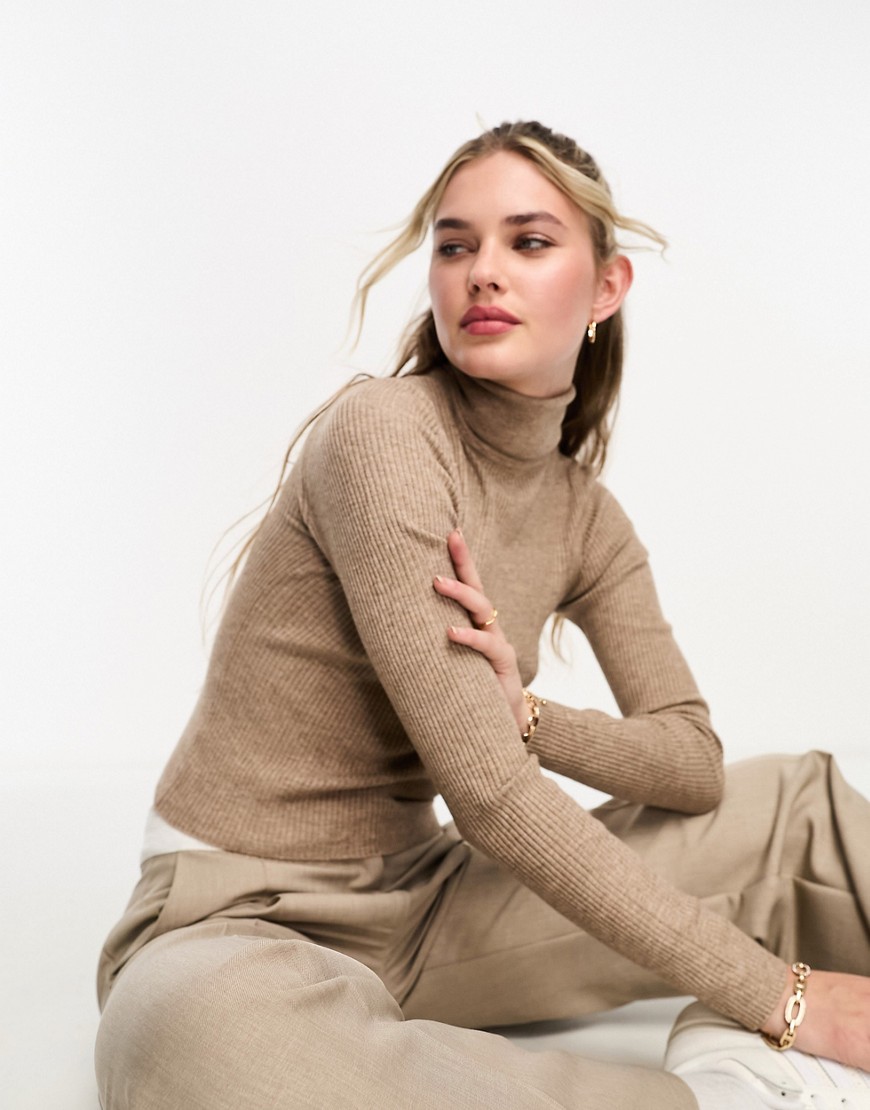 Pull & Bear long sleeve knitted polo neck in light brown