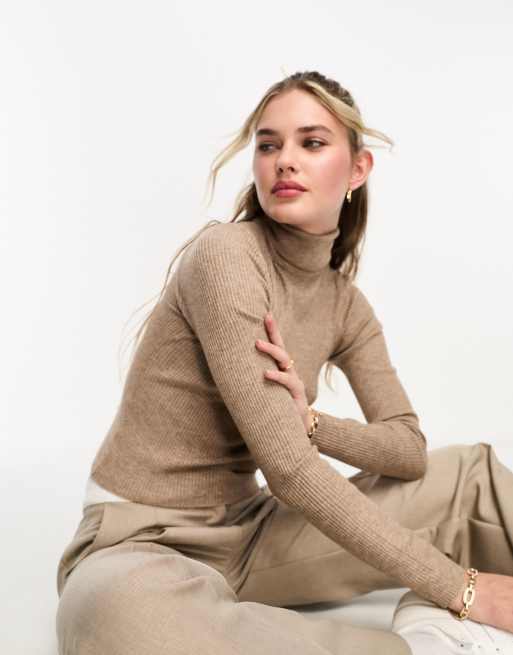 Pull Bear long sleeve knitted polo neck in light brown ASOS