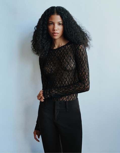 Pull&Bear Long sleeve lace bodysuit in black - view 1