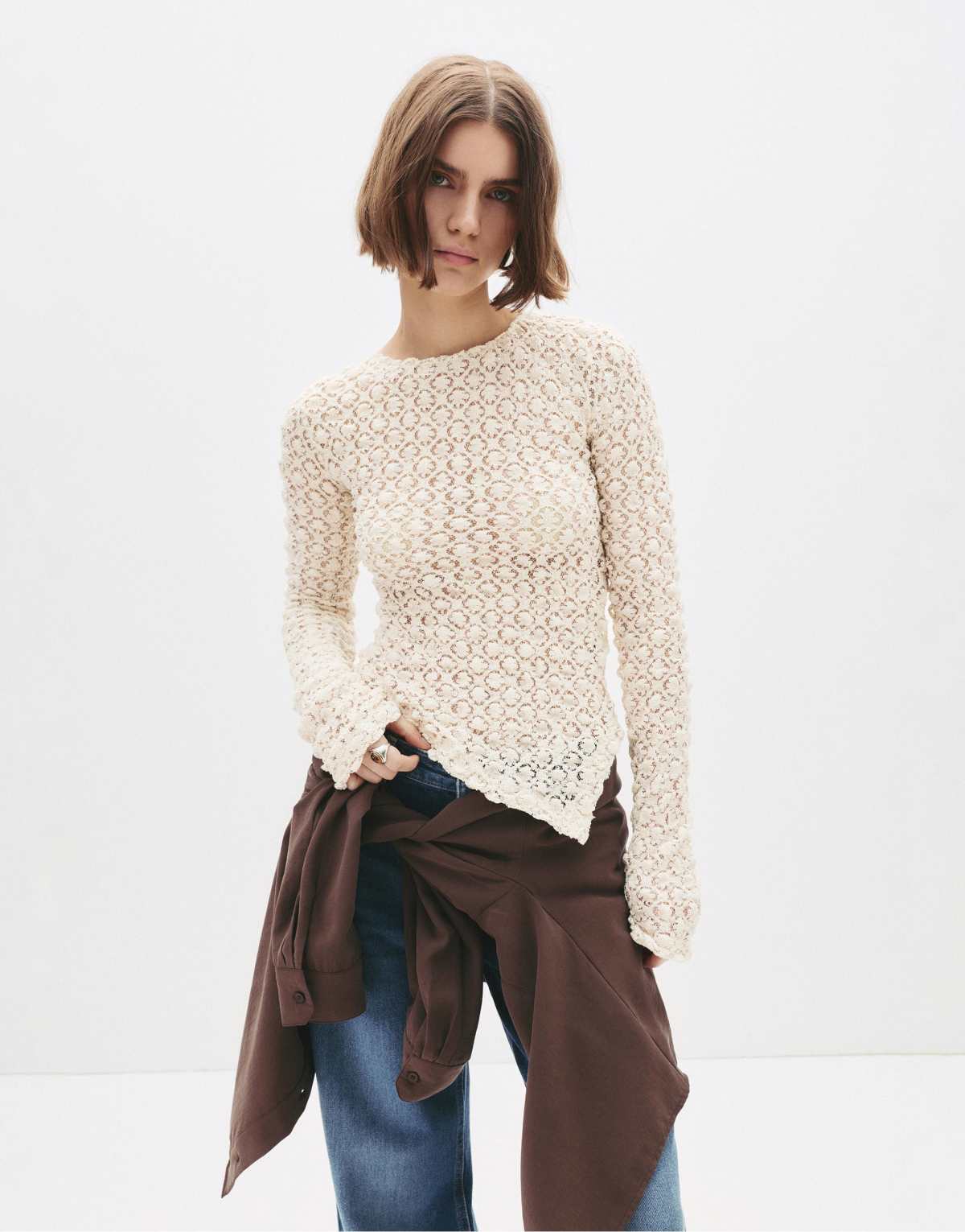 Pull&Bear Long sleeve lace top in beige