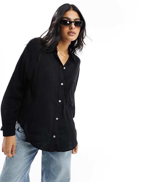 Pull&Bear long sleeve linen look shirt in black - view 1