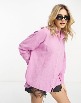 Pull&Bear long sleeve linen shirt in pink
