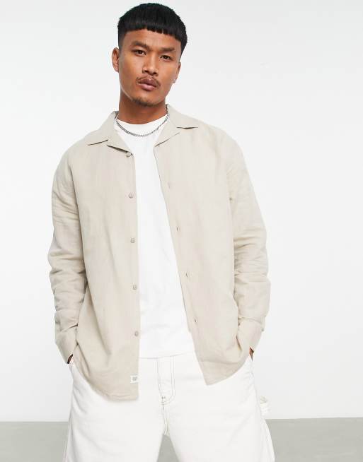 Pull&Bear long sleeve linen shirt in sand | ASOS