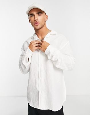 Pull&Bear long sleeve linen shirt in white