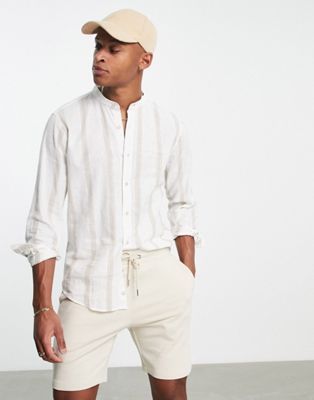 Pull&Bear long sleeve linen striped grandad shirt in ecru