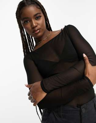 Pull & Bear long sleeve mesh bodysuit with in black