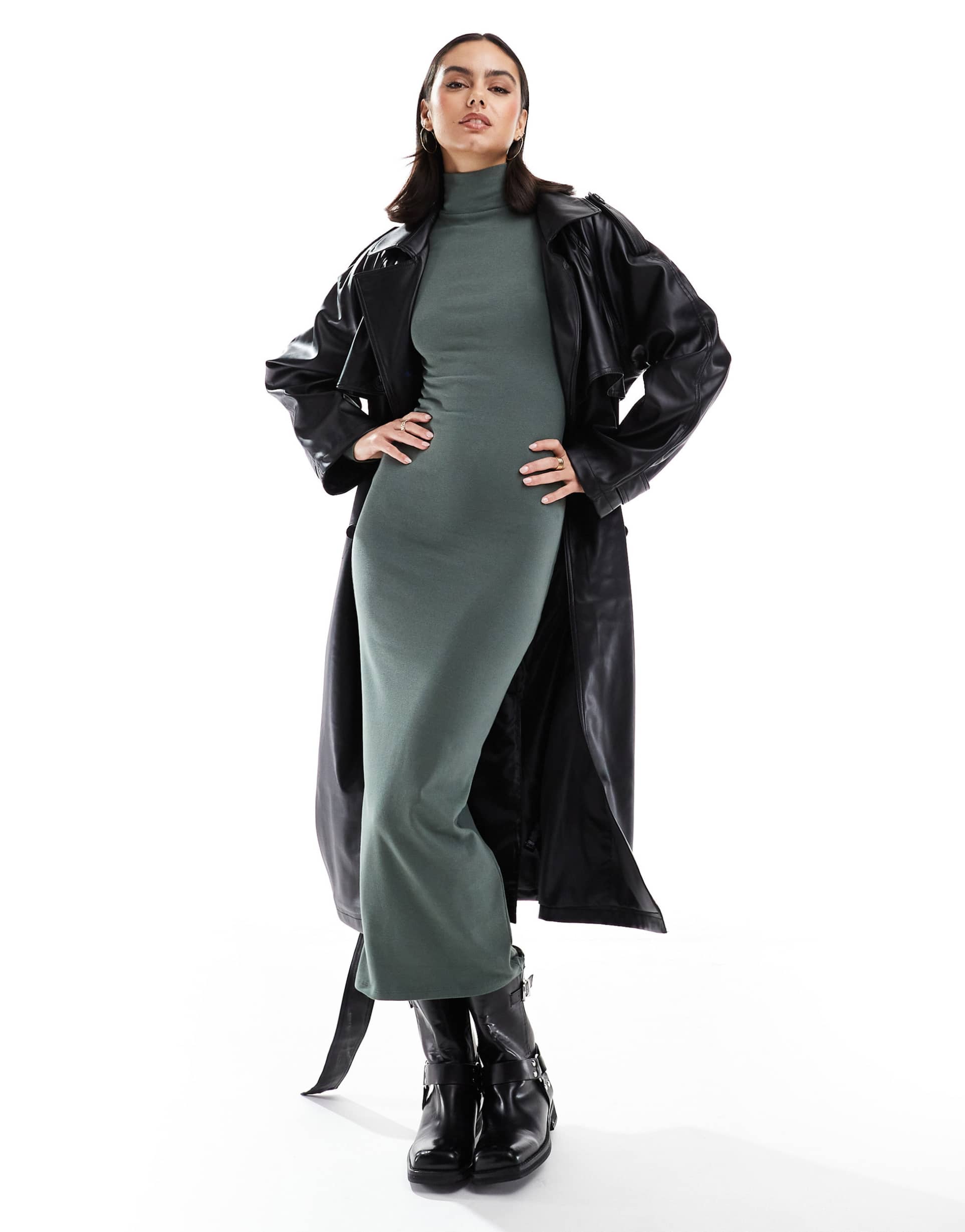 pull&bear long sleeve midaxi dress in khaki