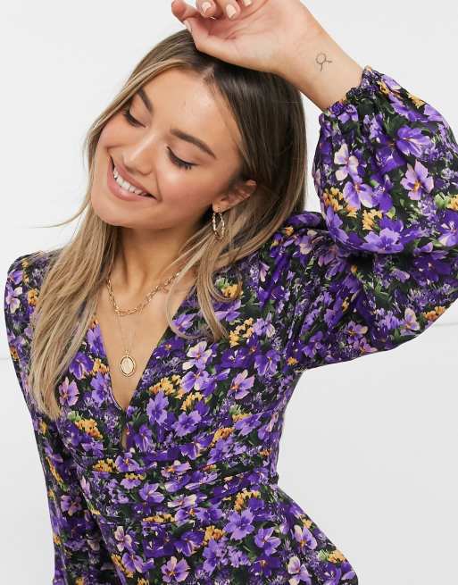 Pull Bear long sleeve mini dress in purple floral print