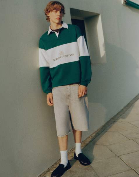 Pull&Bear Long sleeve newport sport club polo shirt in off white and green stripe - view 1