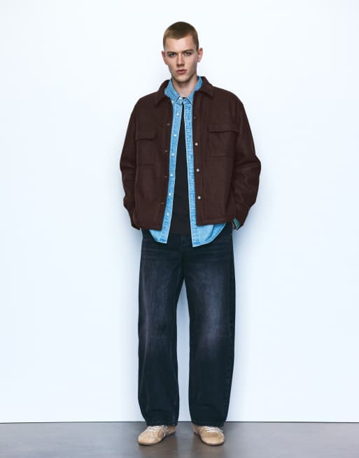 Pull&Bear Long sleeve overshirt in chocolate, 4 of 7
