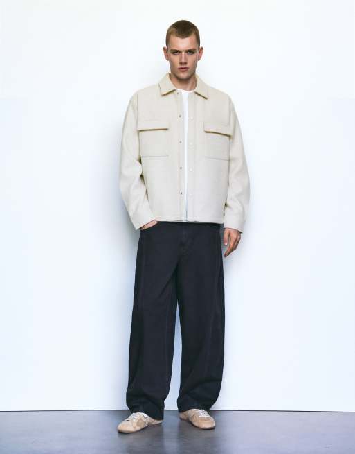Pull&Bear Long sleeve overshirt in off white, 4 of 7