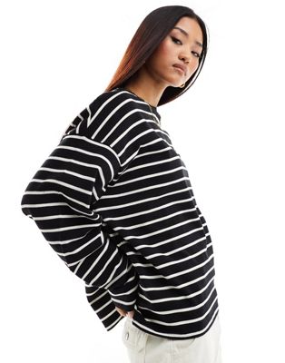 Pull&Bear long sleeve oversized t-shirt with stripe detail in black & ecru