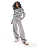 [Pull & Bear] Pull & Bear long sleeve oversized t-shirt with stripe detail in ecru & black-White XS Ecru