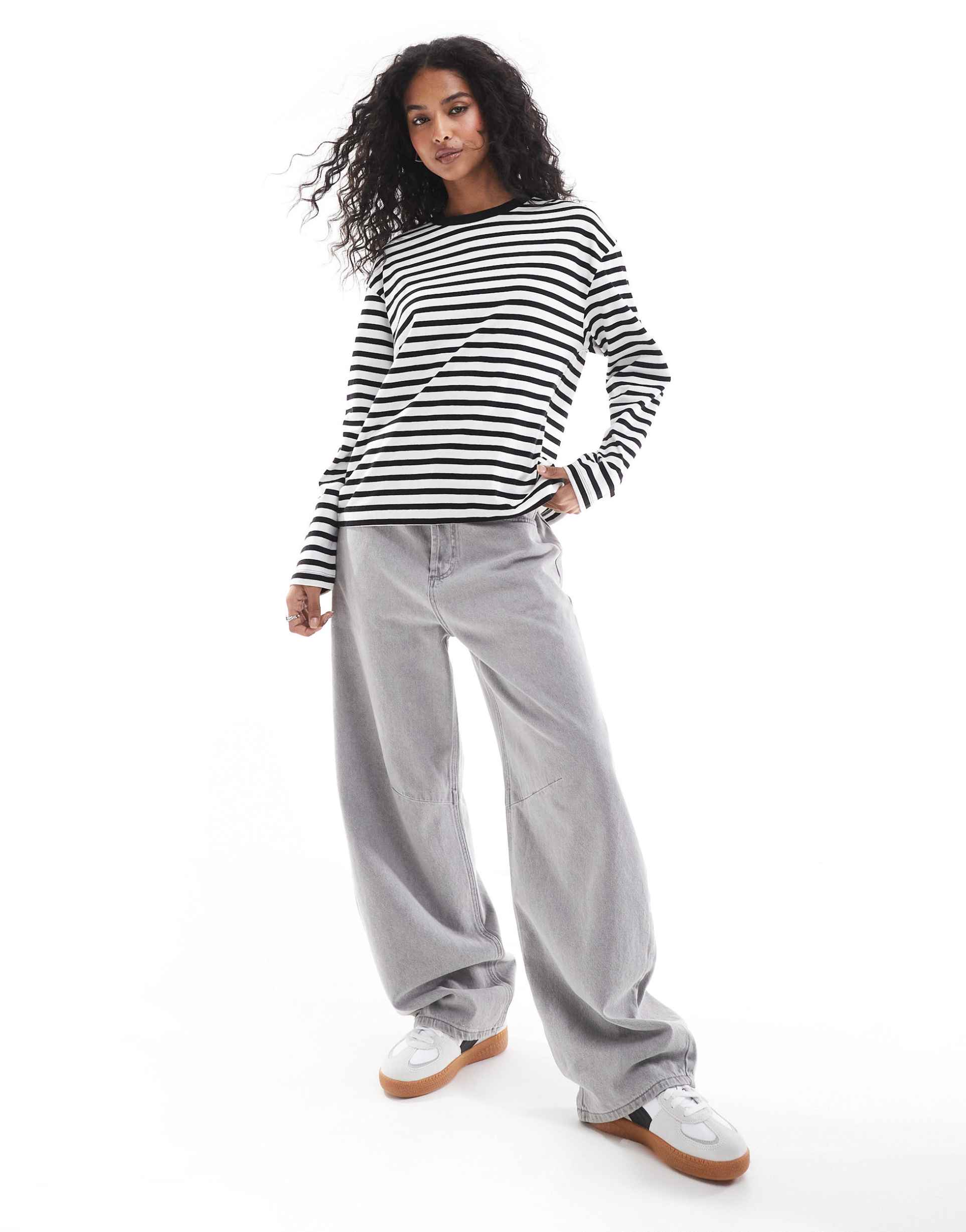 pull&bear long sleeve oversized t-shirt with stripe detail in ecru & black