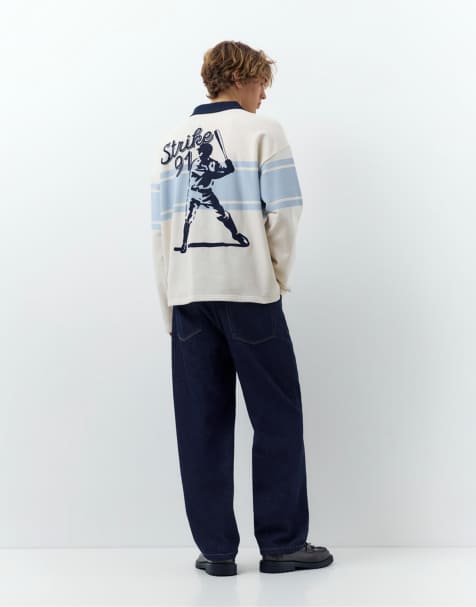 Pull&Bear Long sleeve paneled polo shirt in off white