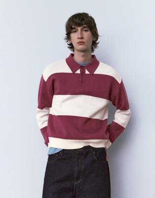 Pull & Bear Long Sleeve Panelled Polo Shirt In Red
