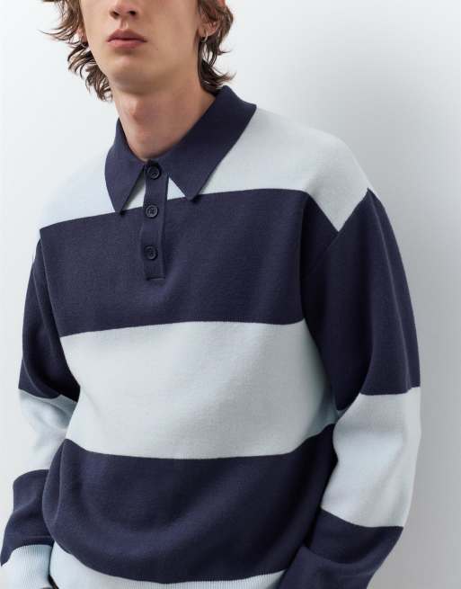 Pull&Bear Long sleeve panelled polo shirt in sky blue, 3 of 4