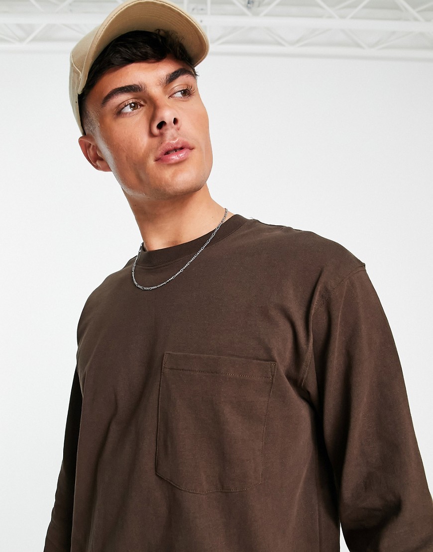 Pull & Bear long sleeve pocket T-shirt in brown