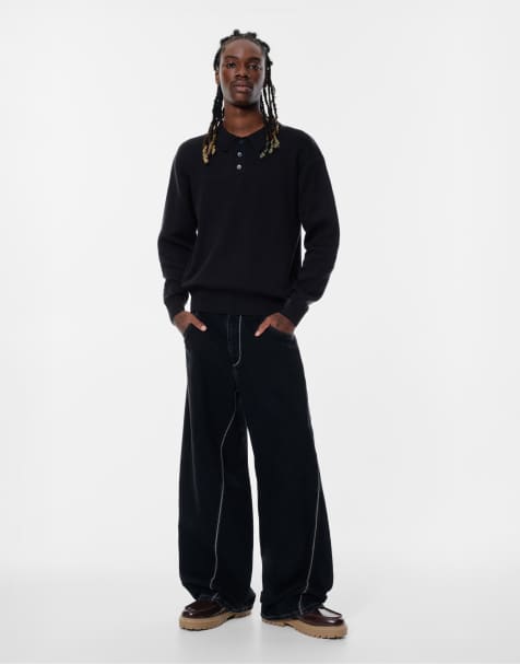 Pull&Bear Long sleeve polo shirt in black - view 1