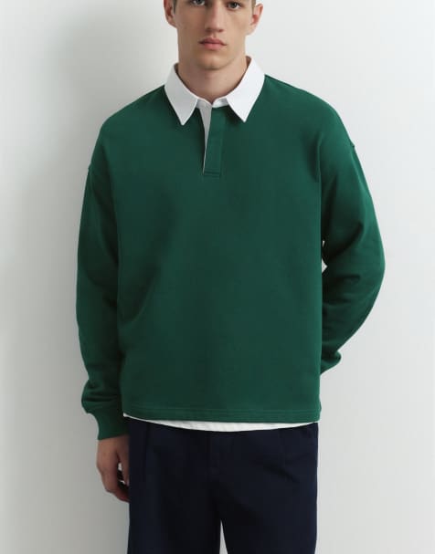 Pull&Bear Long sleeve polo shirt in green - view 1