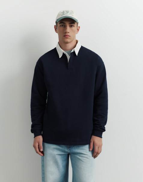 Pull&Bear Long sleeve polo shirt in navy - view 1