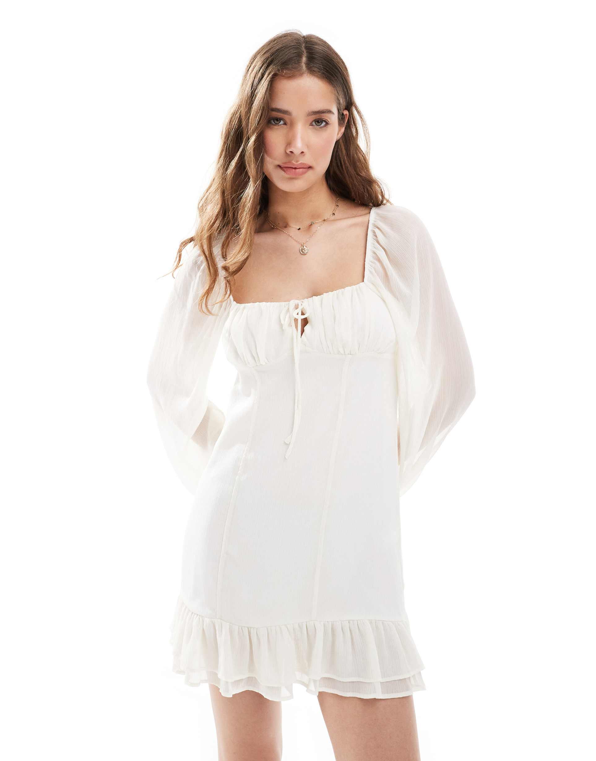 pull&bear long sleeve ruffle mini dress in white