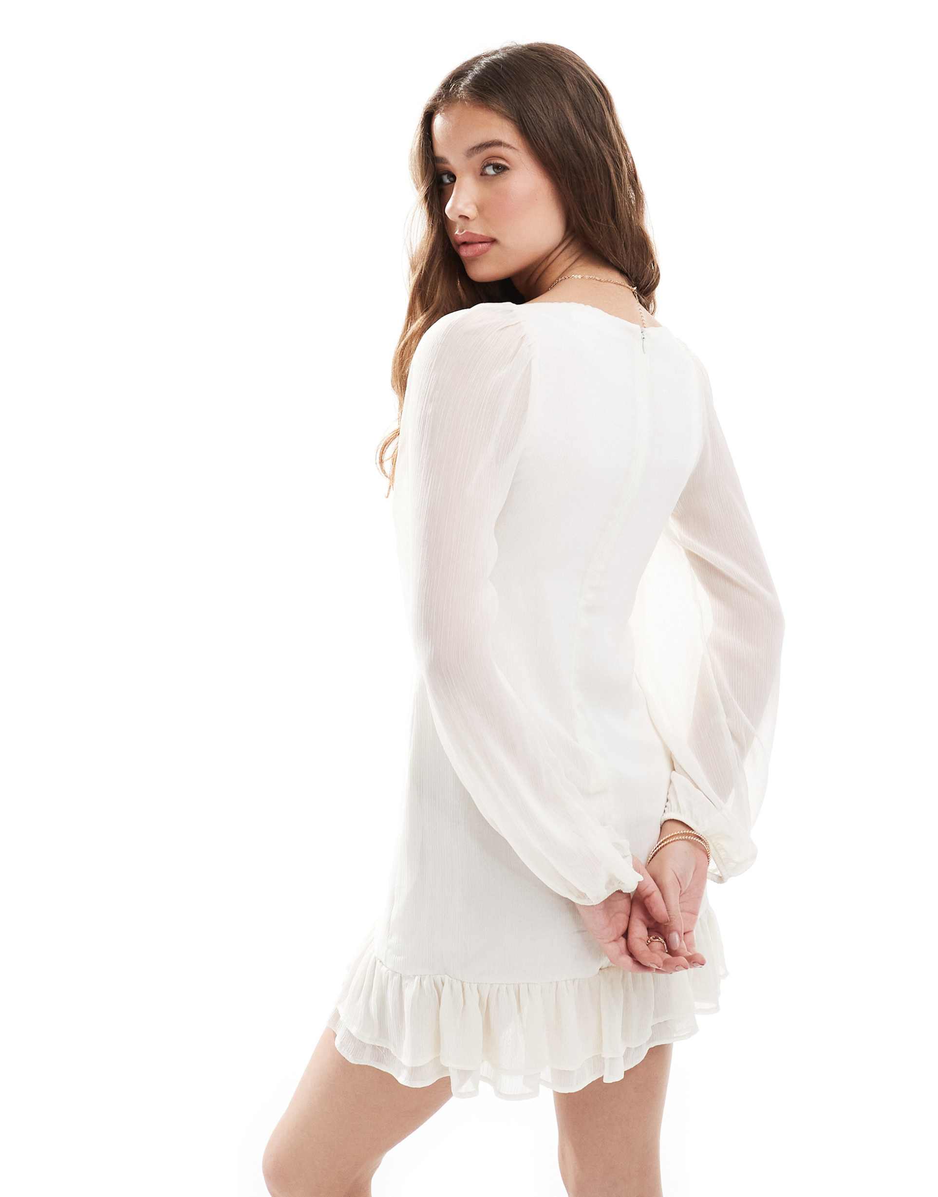 pull&bear long sleeve ruffle mini dress in white