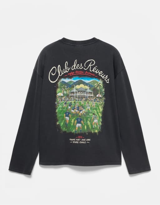 Pull&Bear Long sleeve rugby t-shirt in black, 6 of 6