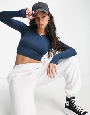 Pull&Bear long sleeve seamless cropped co-ord top in blue