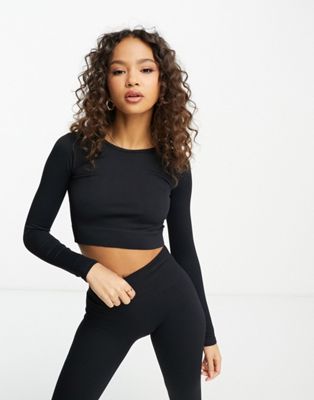 Pull&Bear long sleeve seamless top co-ord in black