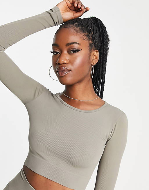 Pull&Bear long sleeve seamless top in taupe