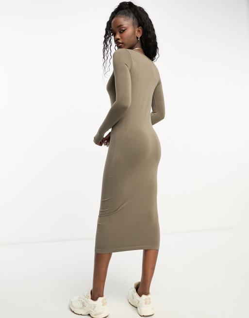 Mango fold over long sleeve bodycon midi dress in brown