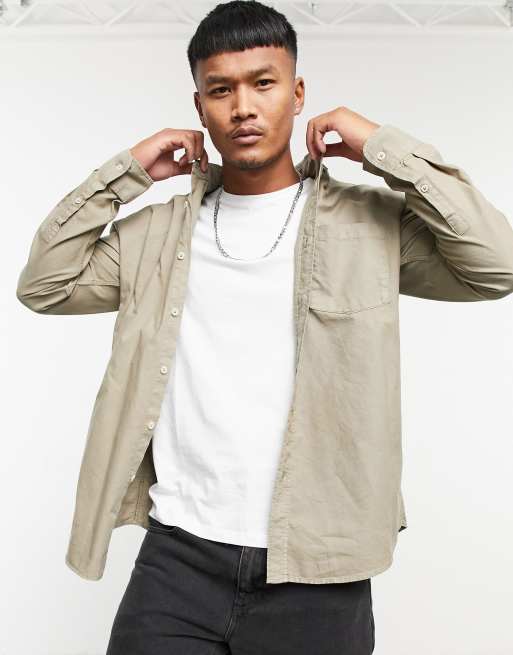 Pull&Bear long sleeve shirt in beige | ASOS