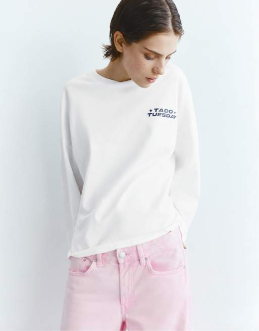 Pull&Bear Long sleeve slogan t-shirt in ice, 2 of 4