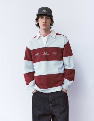 Pull & Bear Long Sleeve Striped Polo Shirt In Red