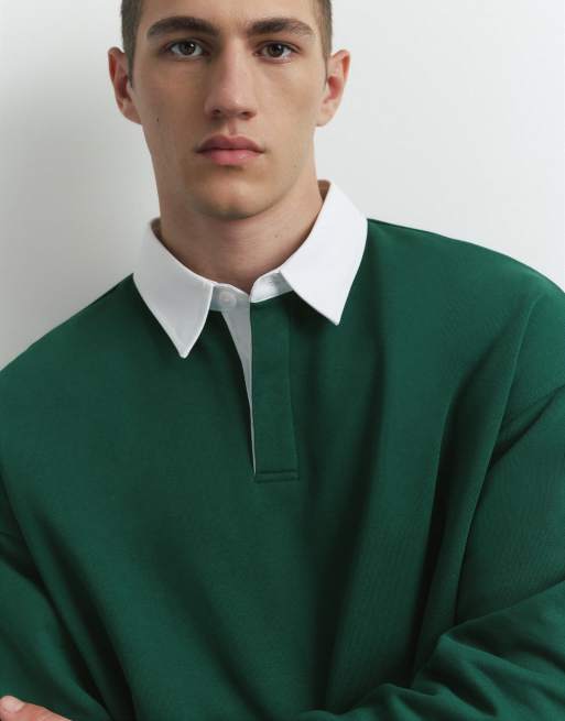 Pull&Bear Long sleeve striped polo shirt in green, 3 of 7