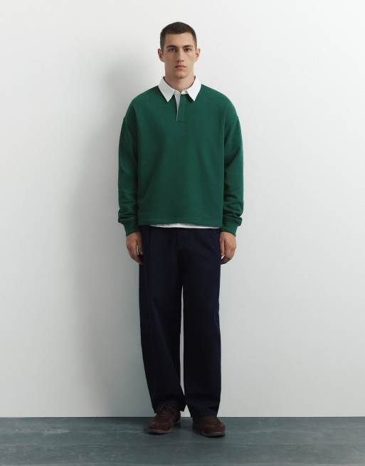 Pull&Bear Long sleeve striped polo shirt in green, 4 of 7