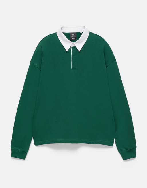 Pull&Bear Long sleeve striped polo shirt in green, 5 of 7