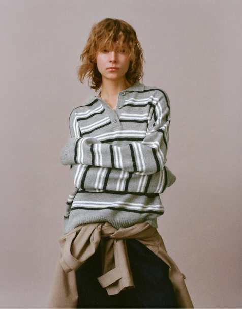 Pull&Bear Long sleeve striped polo shirt in grey marl